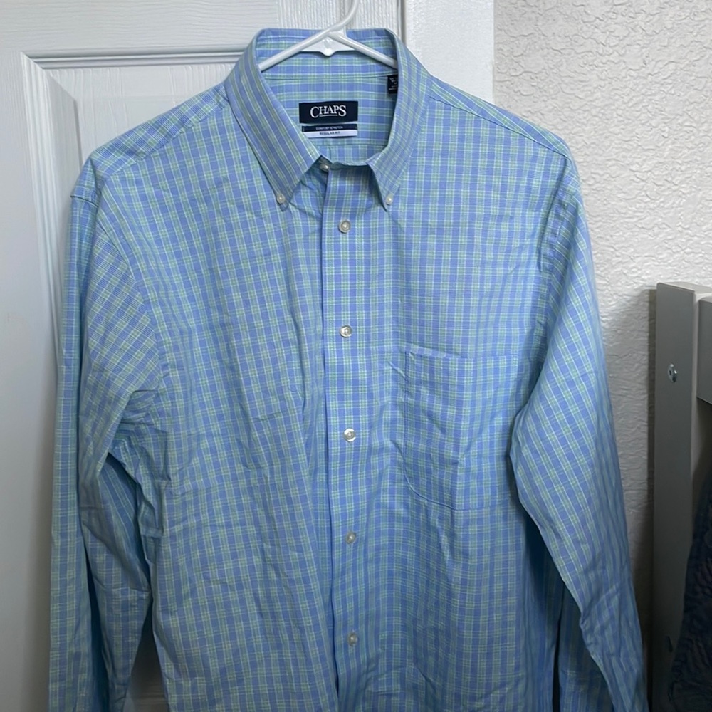Chaps long sleeve button down shirt, blue and green plaid